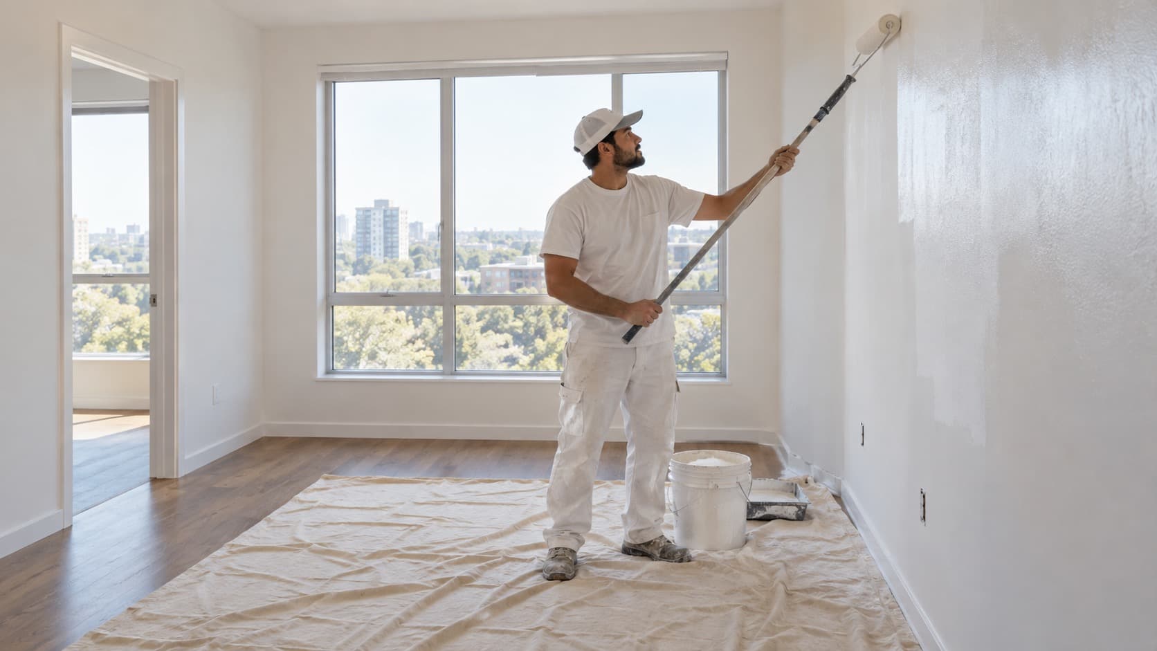Painter refreshing the walls of a vacant apartment